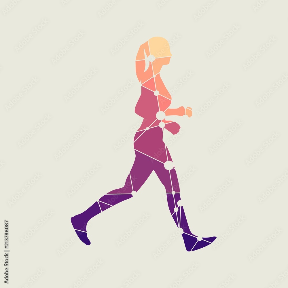 Running woman. Side view silhouette. Sport and recreation. Silhouette textured by lines and dots pattern