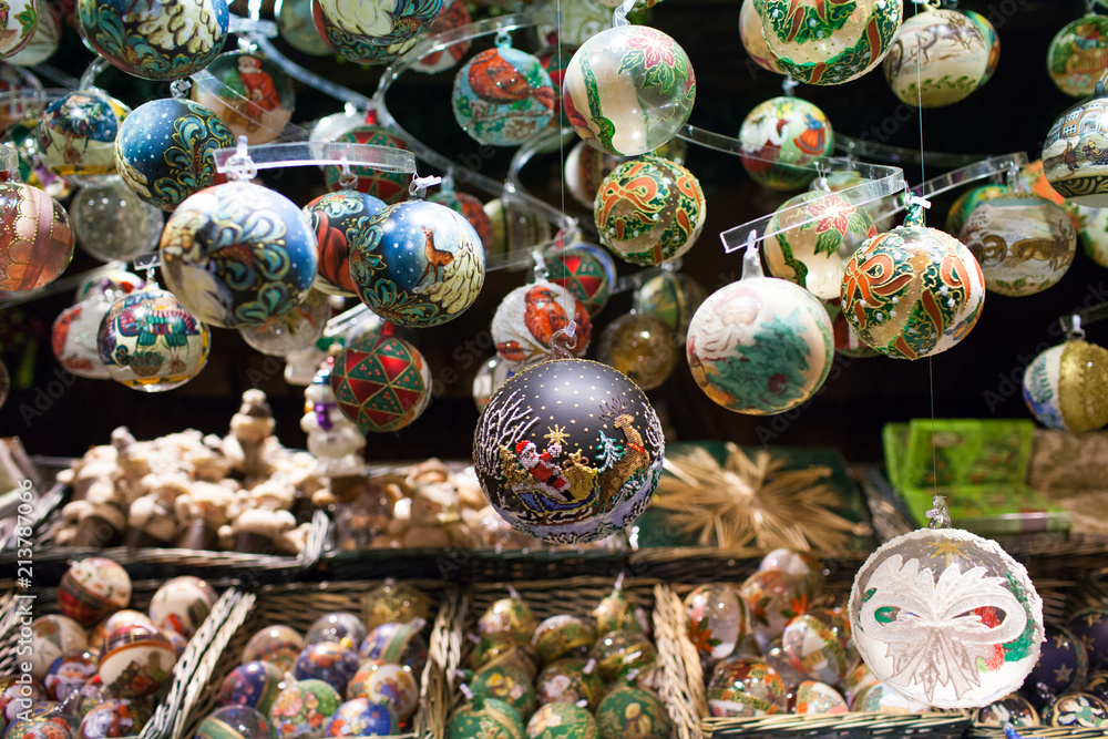 Christmas balls displayed for sale in a Christmas market