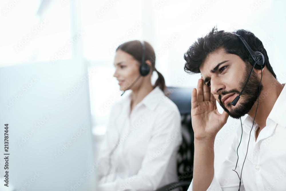 Tired Call Center Operator At Workplace Tired Call Center Operator At Workplace