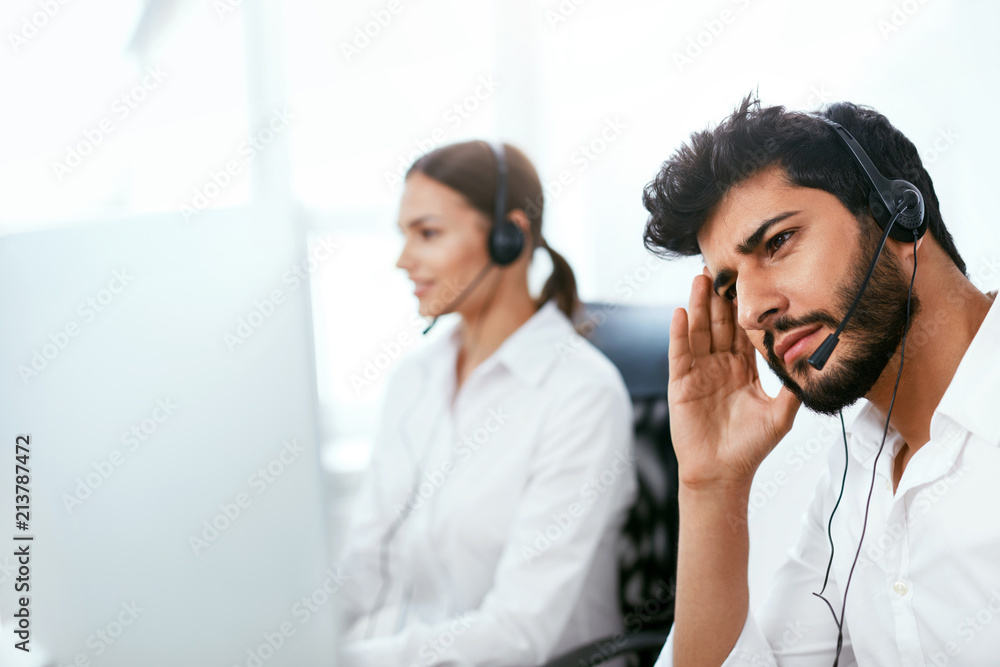 Tired Call Center Operator At Workplace Tired Call Center Operator At Workplace