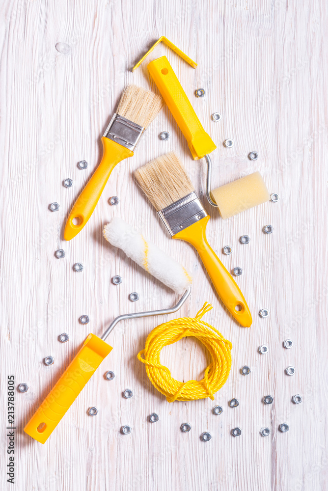 Set of constructor tools on wood background, Christmas Tree Set of constructor tools on wood background, Christmas Tree