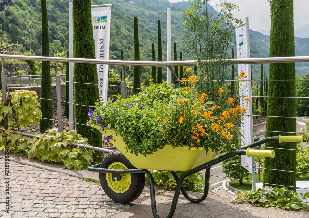 Trauttmansdorff Garden in Meran (Merano), Italy - june 27, 2018 : Avenue of access to the famous Trauttmansdorff botanical garden in Meran, South Tyrol, northern Italy