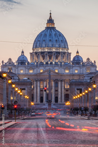 St. Peter's Basilica in the evening with vehicle light trails