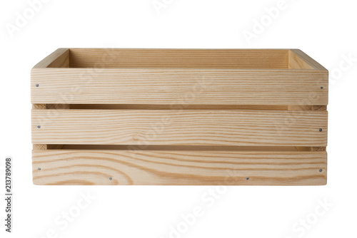 Wooden crate isolated on white background, side view photo