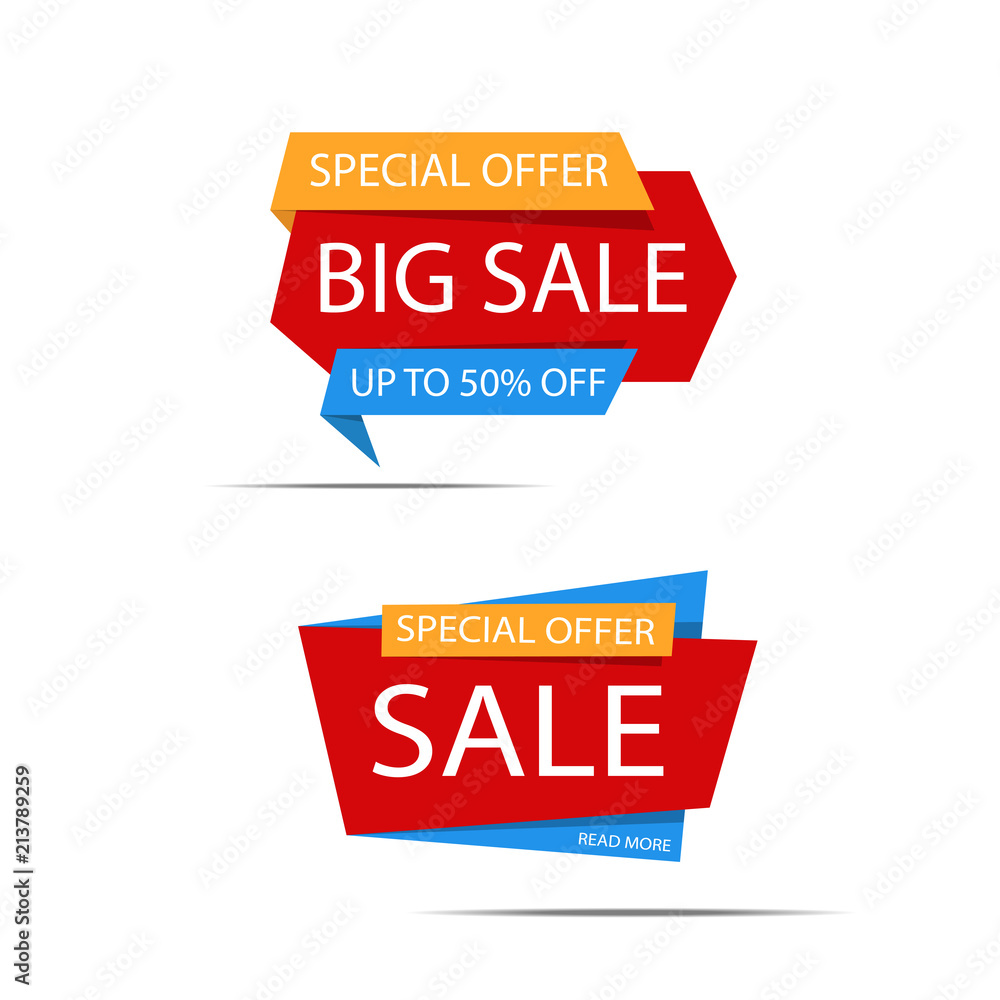 Set of sale banners. Red discount poster on a light background. Special offer, Up to 50% off, Big sale. Vector illustration, eps10 Set of sale banners. Red discount poster on a light background. Special offer, Up to 50% off, Big sale. Vector illustration, eps10
