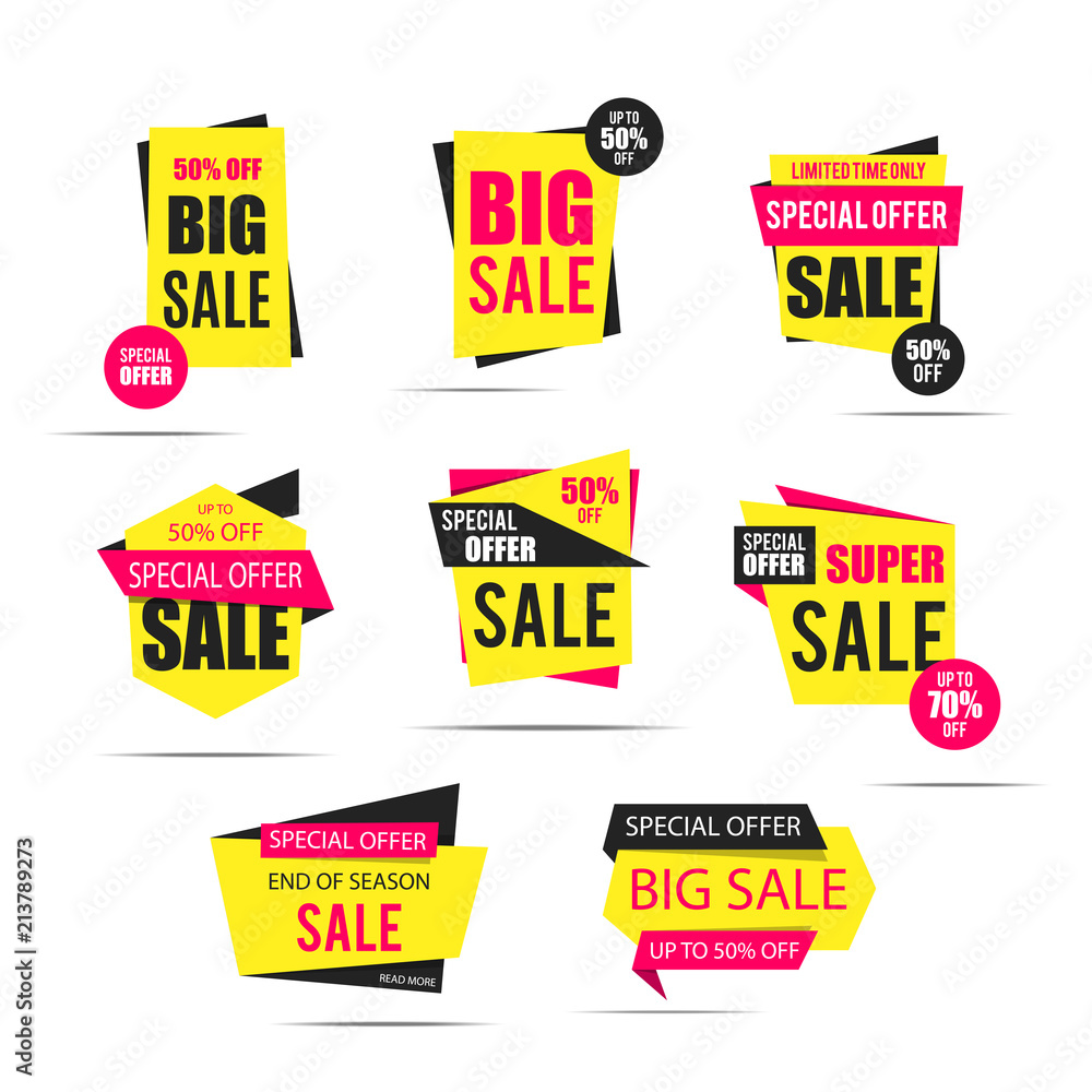 Sale banner set, tag, label, badge, sticker, discount poster with shadow, in flat. Special offer, Up to 50% off, 70% off, Limited time, End of season,Big sale, Super sale. Vector illustration, eps10