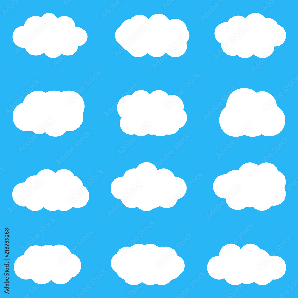 Set of cute white clouds on blue background. Vector, eps10