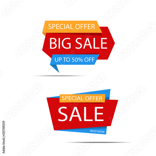 Set of sale banners. Red discount poster on a light background. Special offer, Up to 50% off, Big sale. Vector illustration, eps10