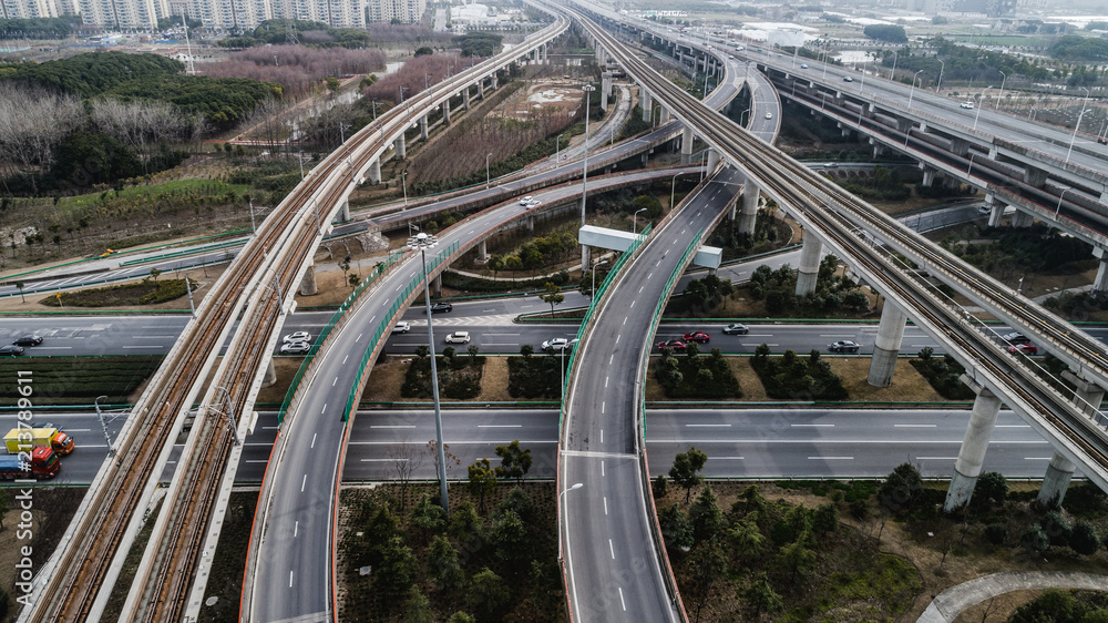 Aerial view of railway, highway and overpass on Luoshan road, Shanghai Aerial view of railway, highway and overpass on Luoshan road, Shanghai