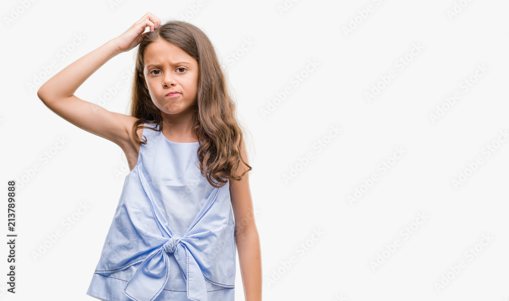 Brunette hispanic girl confuse and wonder about question. Uncertain with doubt, thinking with hand on head. Pensive concept. Brunette hispanic girl confuse and wonder about question. Uncertain with doubt, thinking with hand on head. Pensive concept.