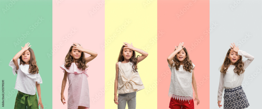 Collage of brunette hispanic girl wearing different outfits surprised with hand on head for mistake, remember error. Forgot, bad memory concept. - obrazy, fototapety, plakaty 