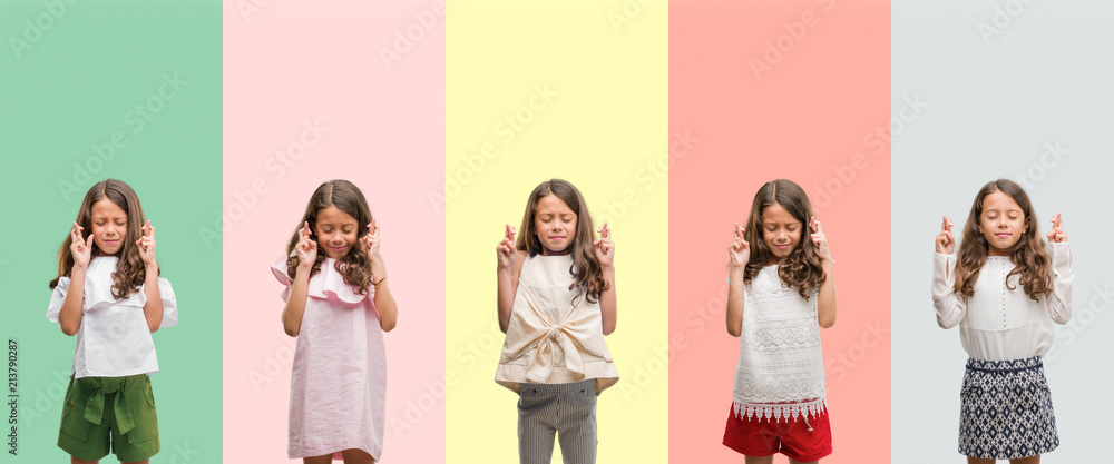 Obraz premium Collage of brunette hispanic girl wearing different outfits smiling crossing fingers with hope and eyes closed. Luck and superstitious concept.