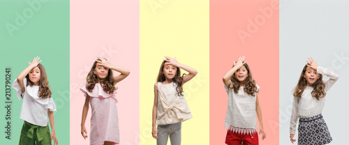 Collage of brunette hispanic girl wearing different outfits surprised with hand on head for mistake, remember error. Forgot, bad memory concept.