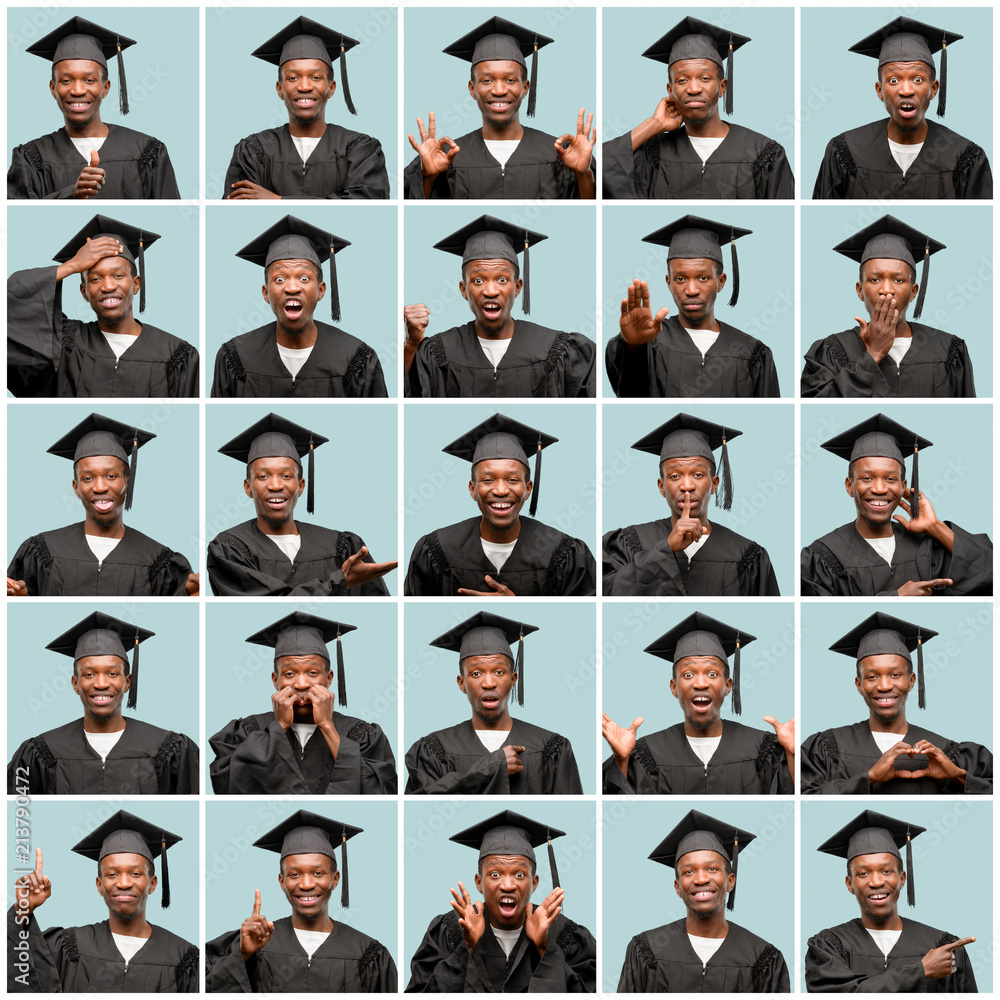 Young african american man wearing graduation cap very happy doing gesture with face and hands. Composition. Young african american man wearing graduation cap very happy doing gesture with face and hands. Composition.