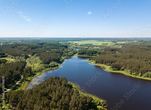 Beautiful aerial view of lake and forest district. Belarus is th