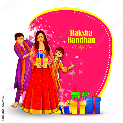 Brother and sister tying decorated Rakhi for Indian festival Raksha Bandhan