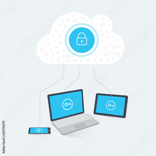 Devices login to a remote cloud server. Flat illustration with transparent shadows, easy to use for your website or presentation.