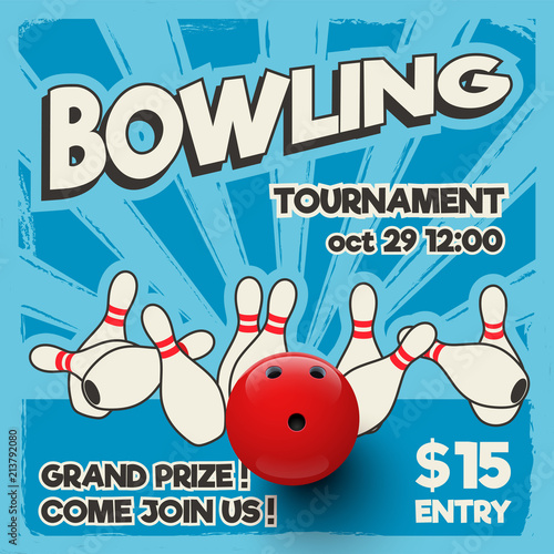 Bowling tournament design template. Vector realistic bowling strike on pop art background. 