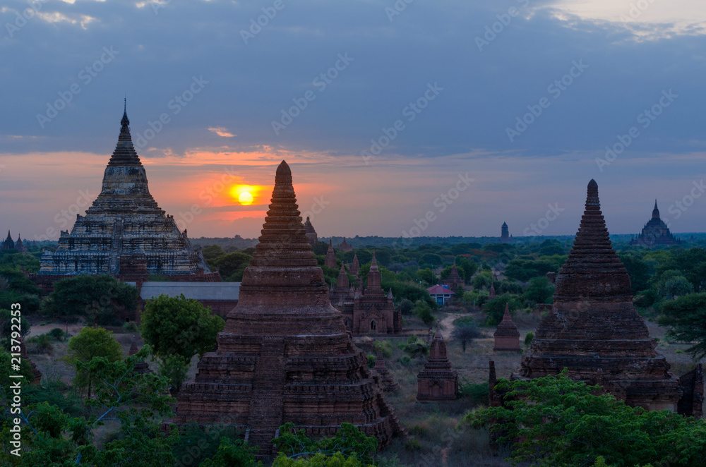 Sunrise on Old Bagan, with aligned shrines and stupas from the Bagan Temple Valley, Myanmar.