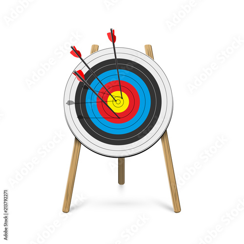 Archery target stand with five arrows. Vector illustration.