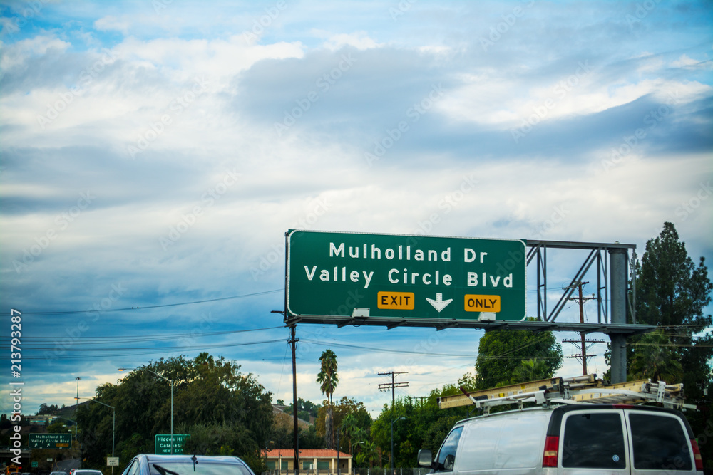 Mulholland drive exit sign in Los Angeles