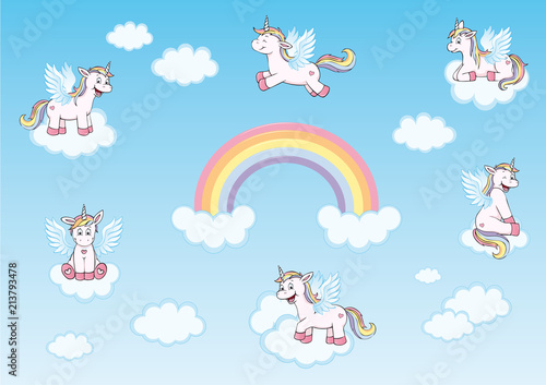 cute unicorns with wings,  rainbow and clouds in heaven collection 
