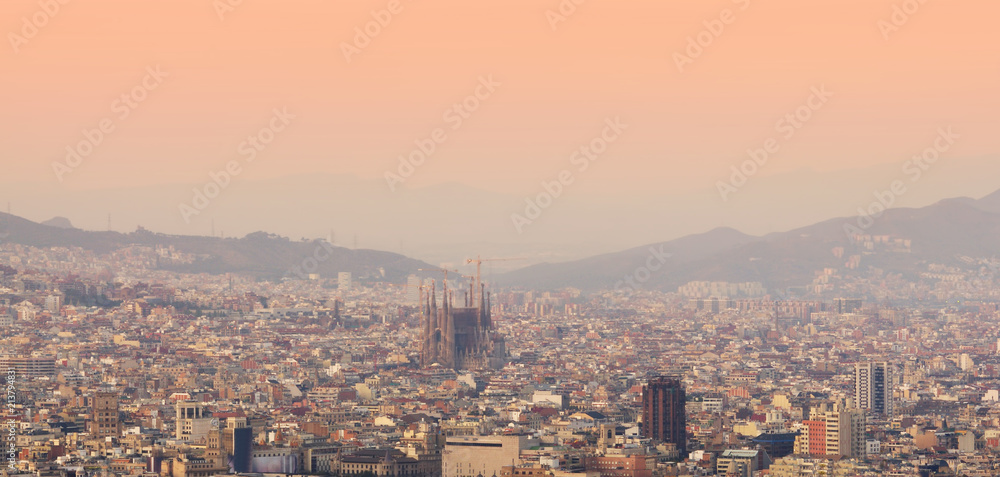 Barcelona cityscape at sunset. panorama view, Spain