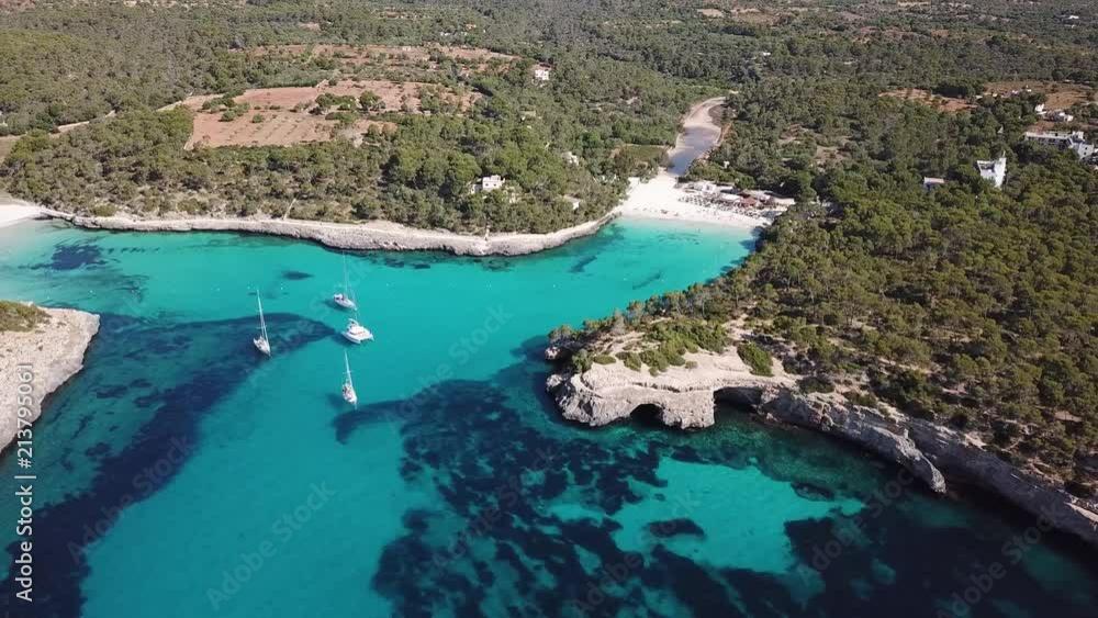 Aerial: The Cala Mondrago beach in Mallorca, Spain Aerial: The Cala Mondrago beach in Mallorca, Spain
