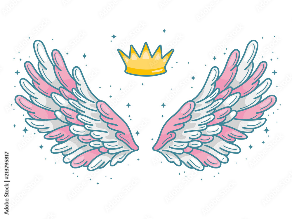 Fototapeta premium A pair of wide spread angel wings with golden crown above. Little prince or princess concept. Contour drawing in modern line style with volume. Vector illustration