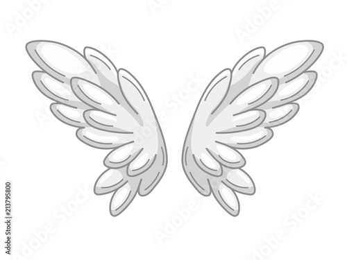 A pair of angel wings with grey and white feathers, wide spread. Contour drawing in modern line style with volume. Vector illustration
