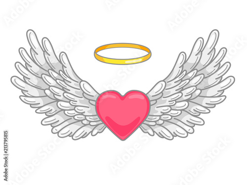 A pair of wide spread angel wings with golden halo or nimbus and red heart in the middle. Grey and white feathers. Love and Valentine day symbol. Vector illustration