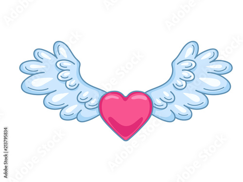 A pair of wide spread angel wings with red heart in the middle. Blue and white feathers. Love and Valentine day symbol. Cartoon vector illustration