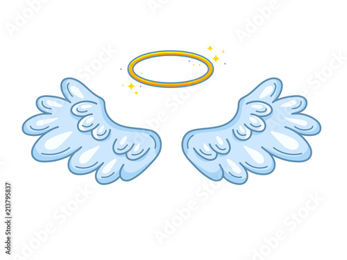 A pair of wide spread angel wings with golden halo or nimbus. Blue and white feathers. Contour drawing in modern line style with volume. Vector illustration isolated on white.
