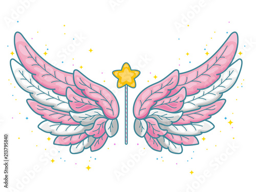 Magic wings in cute little princess style, pink and grey palette. Wide spread angel wings and magic wand with star dust. Vector illustration