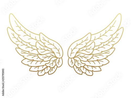 A pair of angel wings, wide open with golden metallic effect. Contour drawing in modern flat line style. Vector illustration