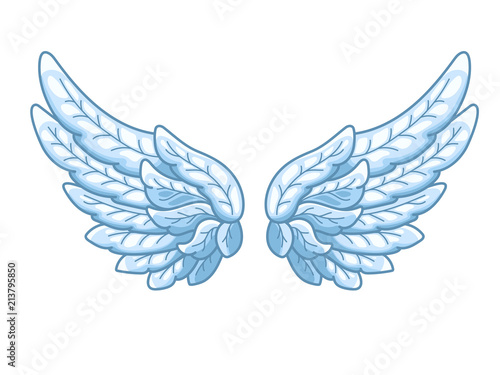 A pair of angel wings with sky blue feathers, wide spread. Contour drawing in modern line style with volume. Vector illustration isolated on white.