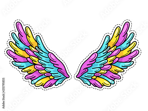 Magic wings sticker in 80s-90s youth pop art comics style. Wide spread angel wings. Retro fashionable patch element inspired by old cartoons. Vector illustration