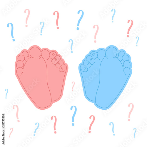 It’s a boy or girl quiz announcement. Newborn foot soles colored in blue and pink, question marks on the background. Vector illustration.