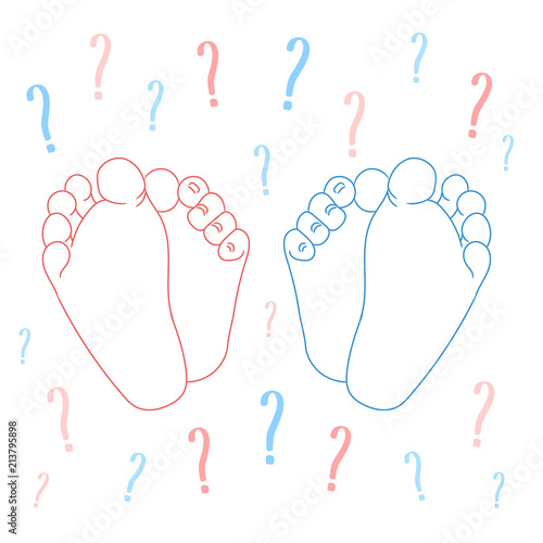It’s a boy or girl quiz announcement. Newborn foot soles colored in blue and pink, question marks on the background. Vector illustration.