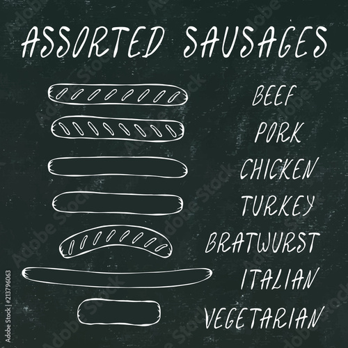 Set of Assorted Sausages For Fast Food, Restaurant or Bar Menu. Hand Drawn High Quality Clean Vector Realistic Illustration. Doodle Style. Black Chalkboard.