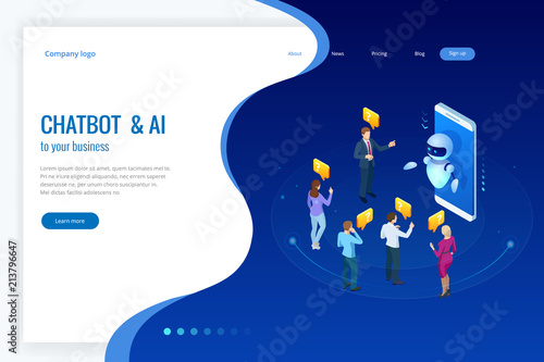 Isometric artificial intelligence. Chat bot and future marketing. AI and business IOT concept. Mans and women chatting with chatbot application. Dialog help service. Vector illustration.