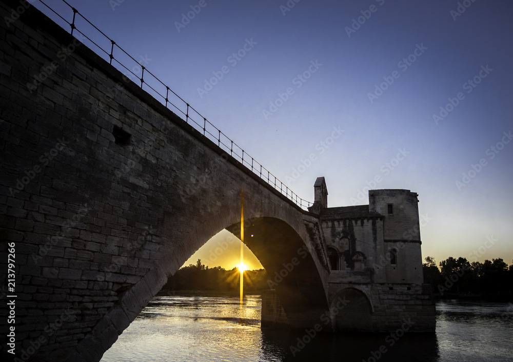 Scenic view of Avignon Bridge Pont d'Avignon during sunset magic hour