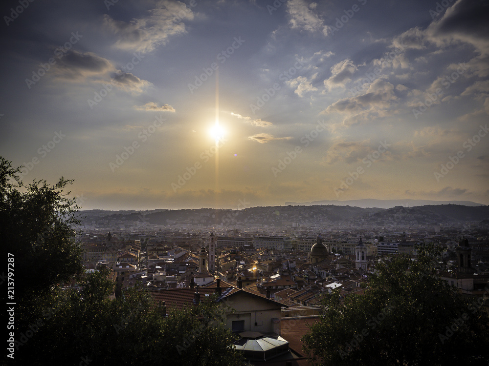 Skyline of Nice, France at sunset time