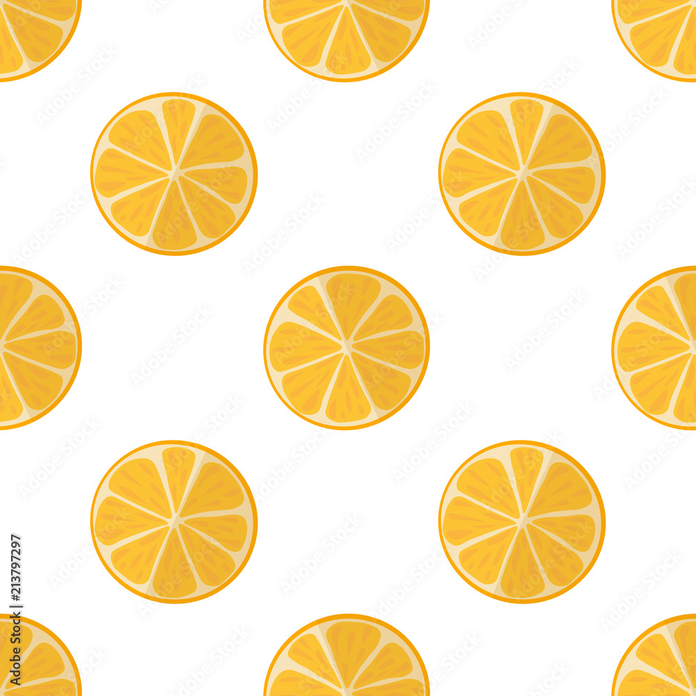 Vector illustration of slices of oranges on a light background. Bright, seamless pattern with a juicy orange.