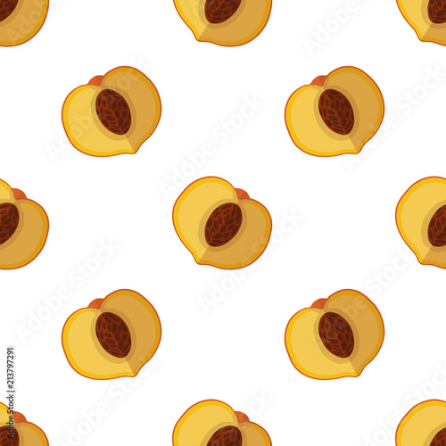 Vector illustration of slices of peaches on a light background. Bright fruit seamless pattern with a juicy peach.