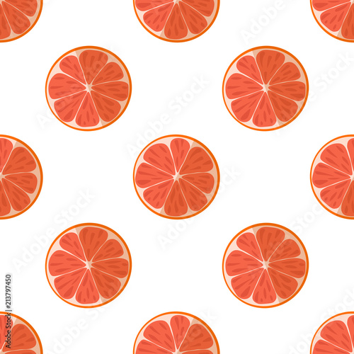 Vector illustration of slices of grapefruits on a light background. Bright fruit seamless pattern with a juicy grapefruit image.