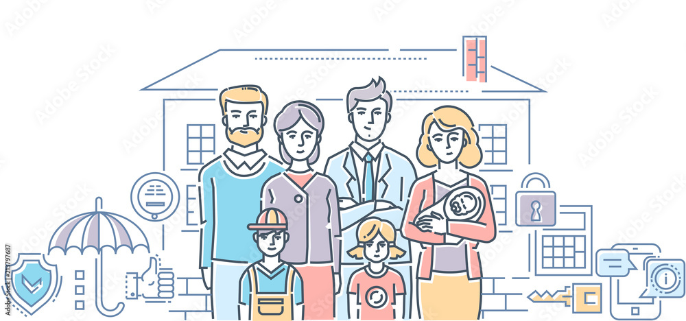 Family protection - colorful line design style illustration