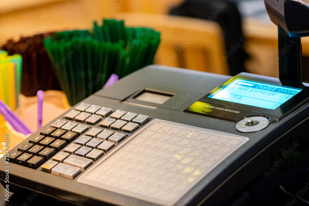 Stockfoto med beskrivningen cash register installed on counter for