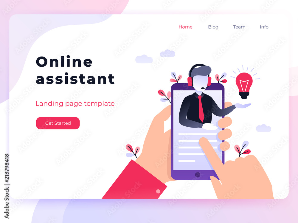 Landing page template customer and operator, online technical support 24-7 for web page. Vector illustration male hotline operator advises client. Online assistant, virtual help service smartphone. Landing page template customer and operator, online technical support 24-7 for web page. Vector illustration male hotline operator advises client. Online assistant, virtual help service smartphone.