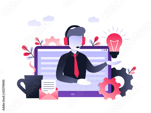 Concept customer and operator, online technical support 24-7 for web page. Vector illustration male hotline operator advises client. Online assistant, virtual help service for business.